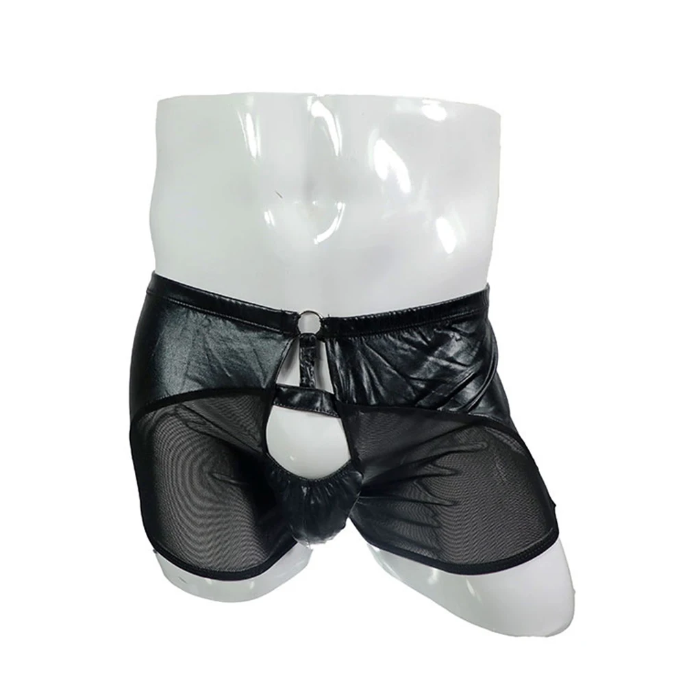 Front Open Hole Briefs Men Wet Look Faux Leather Underwear Mesh See-Through Trunks Shorts Underpants Men\'s Erotic Lingerie