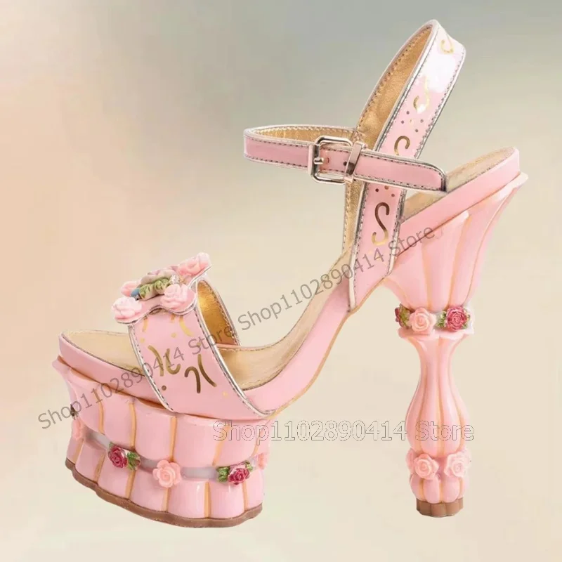 

Pink Floral Fretwork Design Open Toe Platform Sandals Ankle Buckle Strap Women Shoes Strange Style Heel 2025 Zapatos Para Mujere