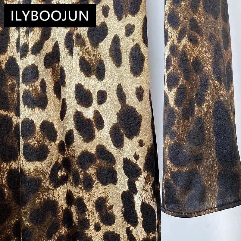 ILYBOOJUN Fashion Designer Early Autumn Silk Pencil Dress Women O-Neck Long Sleeve Leopard Print Vintage Party Slim Dresses