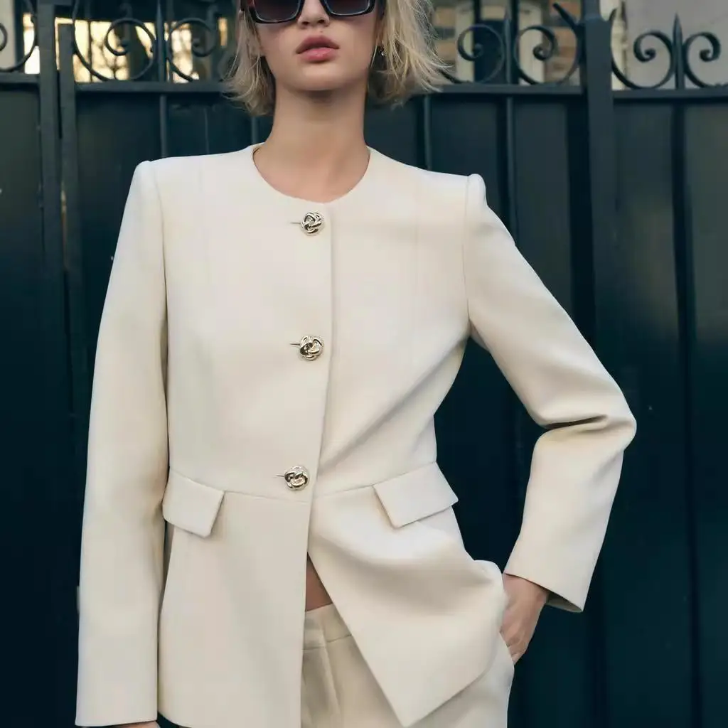 

Autumn Winter Women's Slim Fit Suit Jaet Long Sve round Ne Cover up Pants Commute Sle Single Button Closure