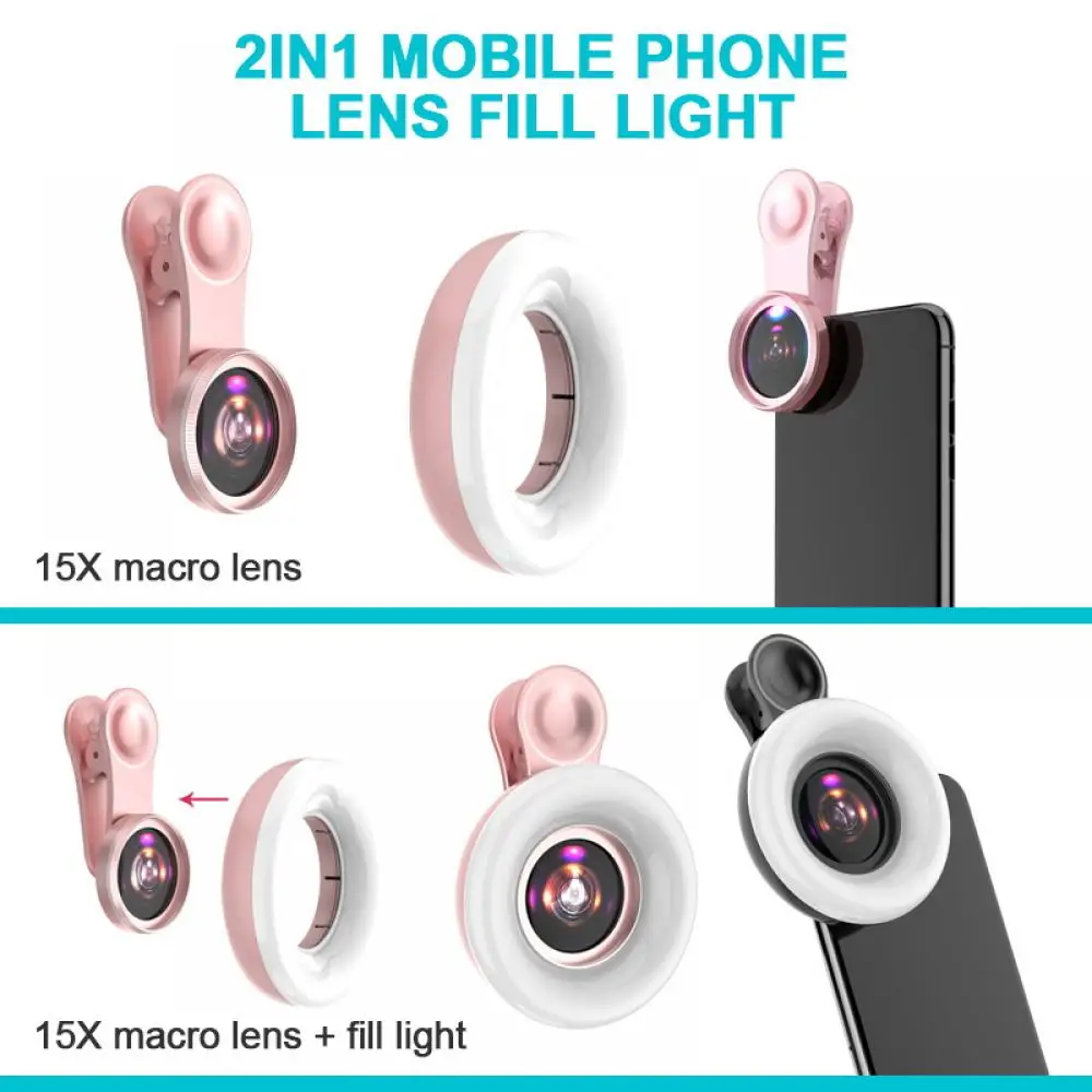 15X Macro Lens for Mobile Phone Fill Ring Light Selfie Live Lamp Camera Lens with LED Ring Flash Smartphone Fill Light Universal