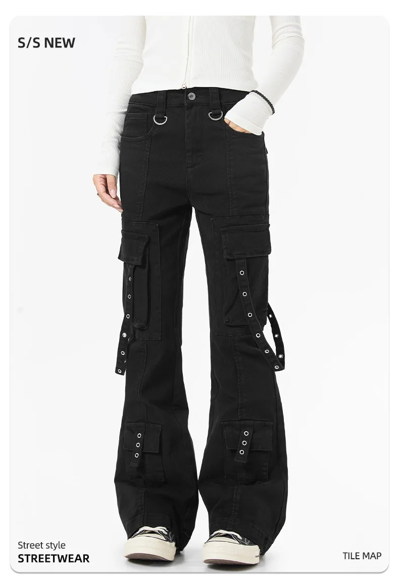 OR FL Dark Y2K Binding Strap Micro 97 Cotton Women Cargo Trousers American Streetwear Brand High Street Multiple Pockets Slacks