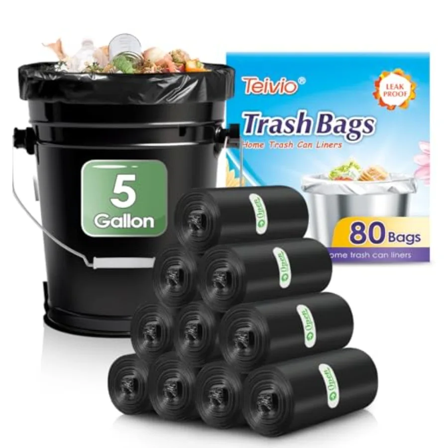 5 Gallon 80 Counts Strong Trash Bags Garbage Bags, Bathroom Trash Can Bin Liners, Plastic Bags for home office kitchen, Black