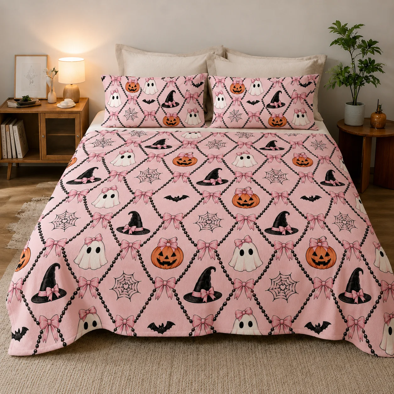 Pink Halloween Ghost Blanket 3 Piece Set, Cute Pumpkin Witch Hat Bow Flannel Throw Blanket with 2 Pillow Covers, Kawaii Spooky Bedding for Bed Sofa Bedroom Decor