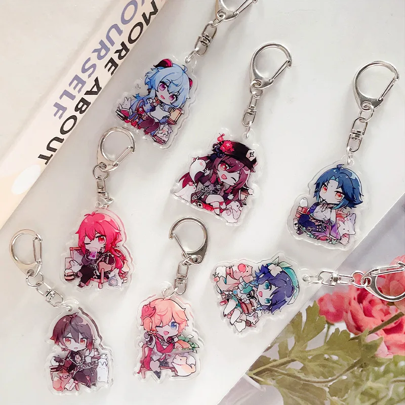 Game Impact Diluc Tartaglia Ganyu Hutao Xiao Barbatos Venti Zhongli Cosplay Keychains Acrylic Anime Pendant Xmas Gift