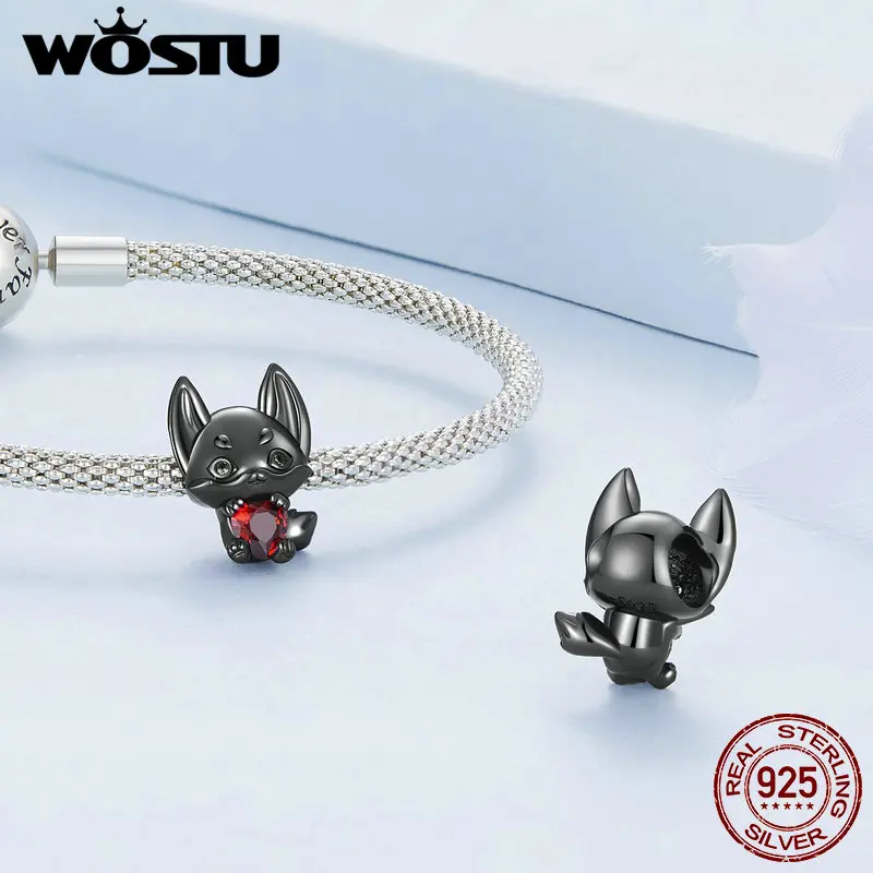 WOSTU 925 Sterling Silver Fire Opal Chick Beads Black Gold Fox Cat Animal Charms Fit Bracelet DIY Necklace Jewelry Making Gift
