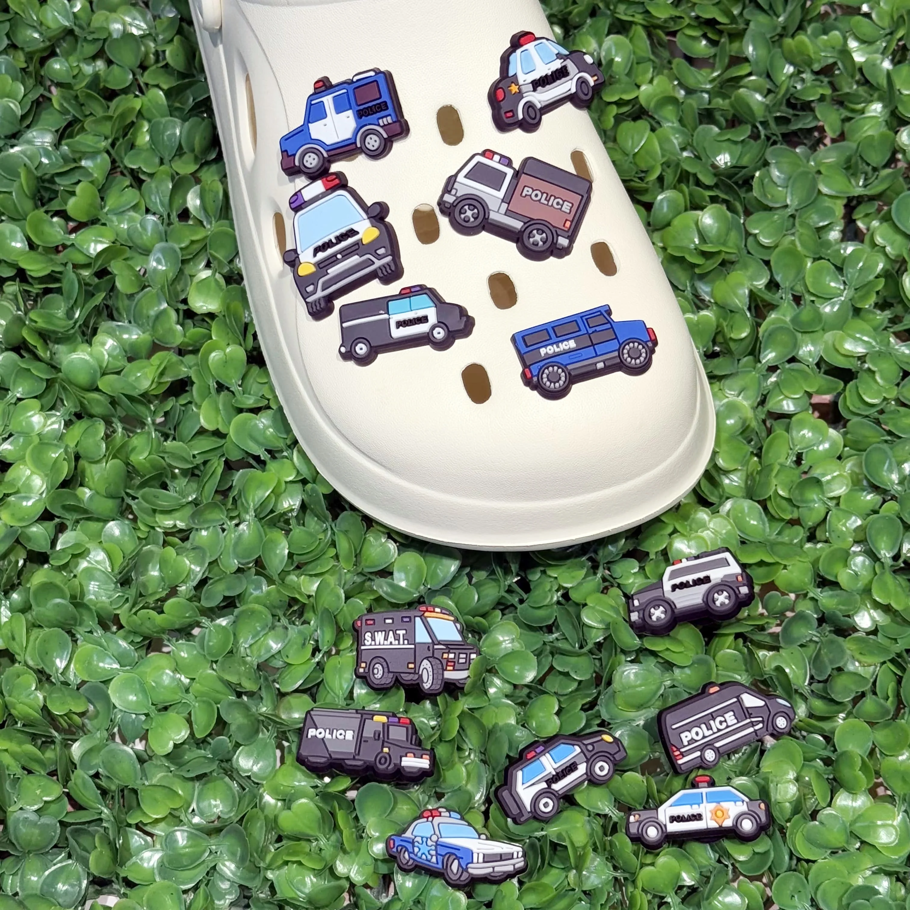 13PCS Cartoon Vehicles Police Car PVC Shoe Charms For DIY Bracelets Sandals Shoes Accessories Garden Shoes Button Decoration