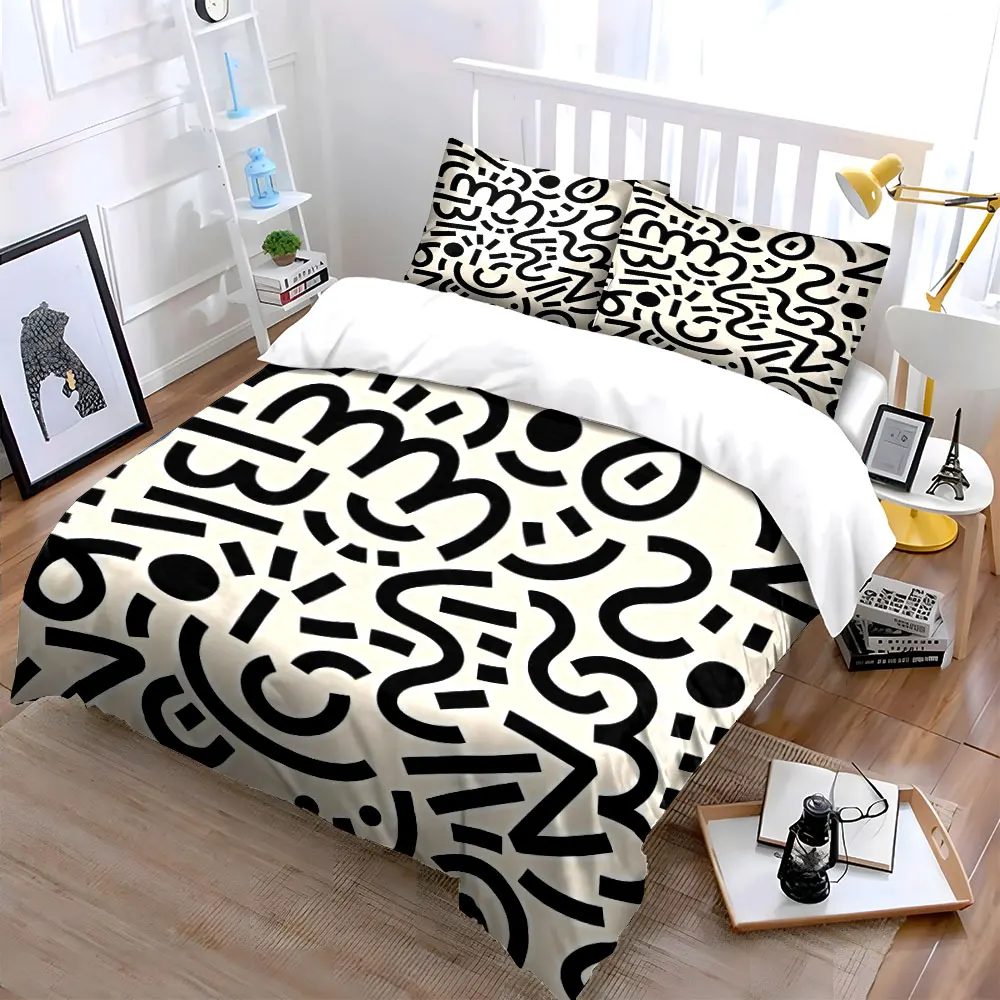 Abstract Black Curve Doodle Geometric Duvet Cover Set,Off White Minimal Street Bedding Includes 1 Duvet Cover And 2 Pillowcase