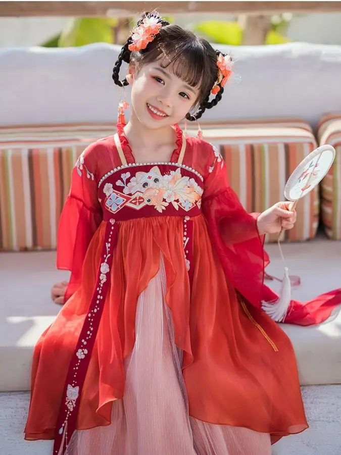 2024 Red New Spring Hanfu Dress Kids Girls Chinese Animal Ancient Fairy One-Piece Shirt Carnival Cosplay Costume Children For