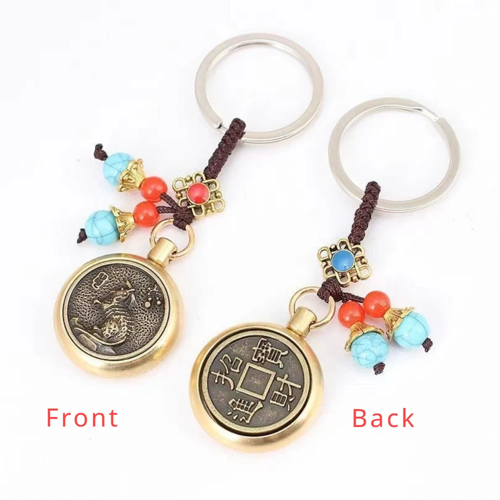 Zodiac Brass Coins Rotatable Keychain Chinese Feng Shui Good Luck Pendant Fortune Longevity Auspicious Car Key Wallet Ornaments