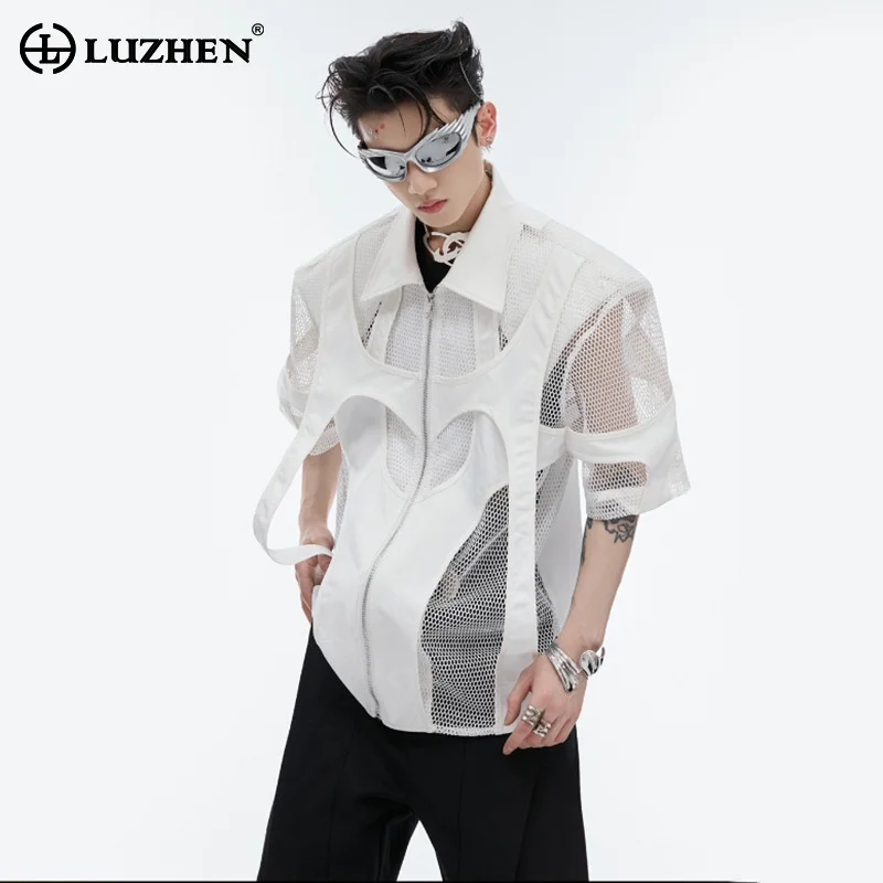 

LUZHEN Stylish Original Mesh Perspective Niche Design Casual Shirts Jacket 2024 Summer Trendy Solid Color Splicing Tops LZ4005