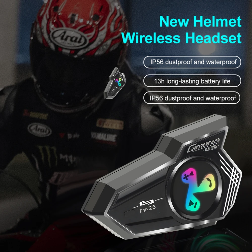 Bluetooth5.4 Helmet Headset Por25 RGB Light Motorcycle Earphone IP56 Waterproof Support For Connecting Two Phones Simultaneously