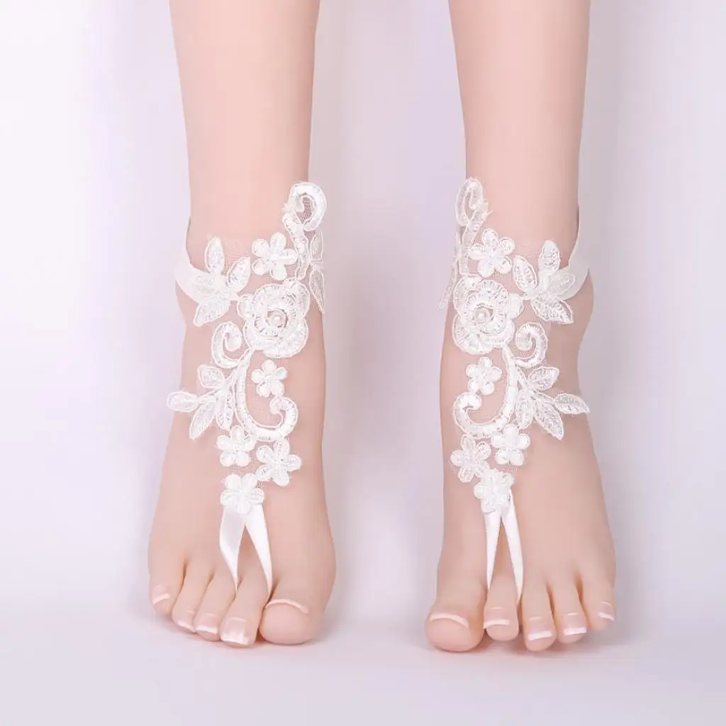 White Lace Barefoot Sandals,Beach Wedding Anklet Bridal Shoes