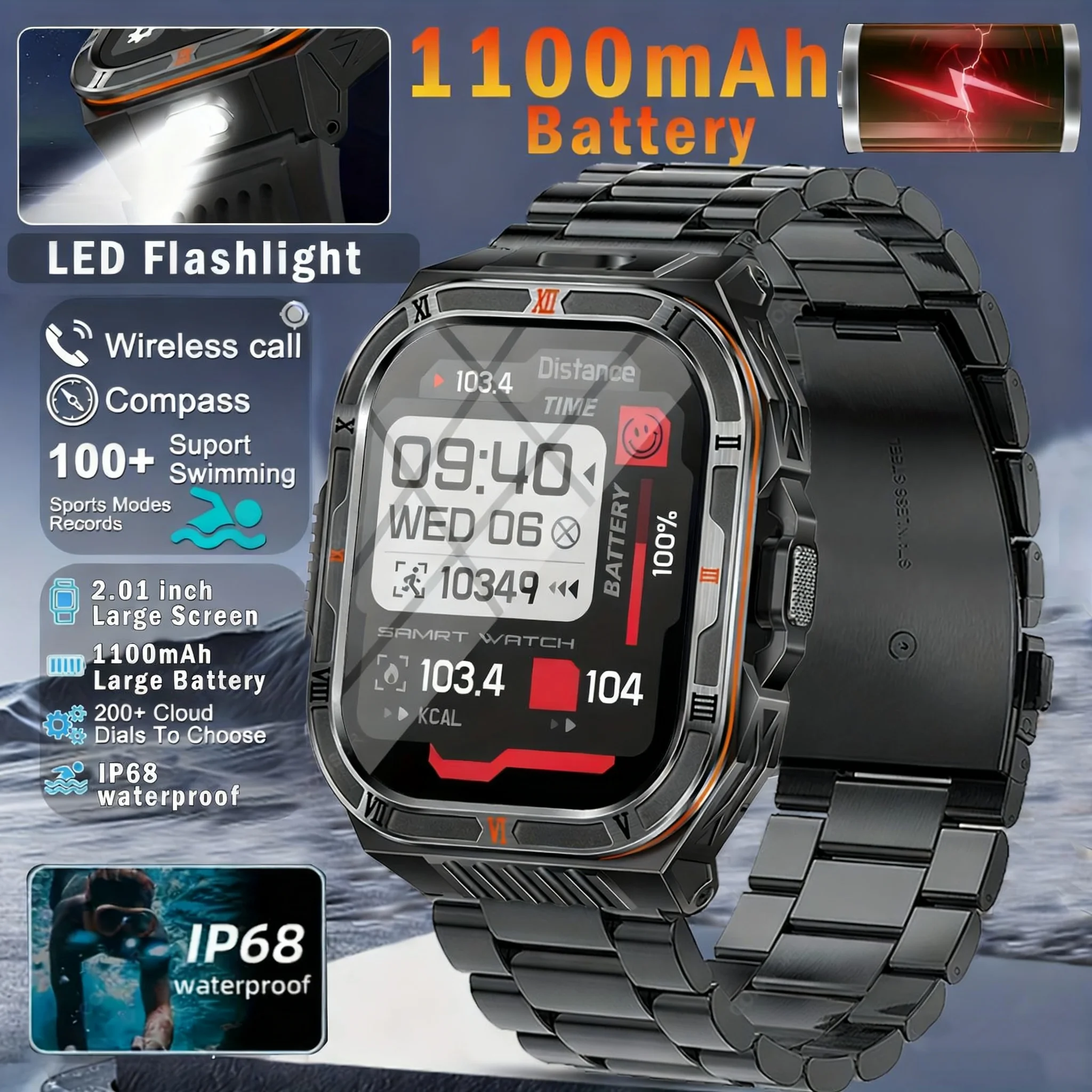 

2025 New Men's smart watch Bluetooth call 1100mAh battery 100 days standby time 2.01 inch screen IP68 waterproof motion tracker