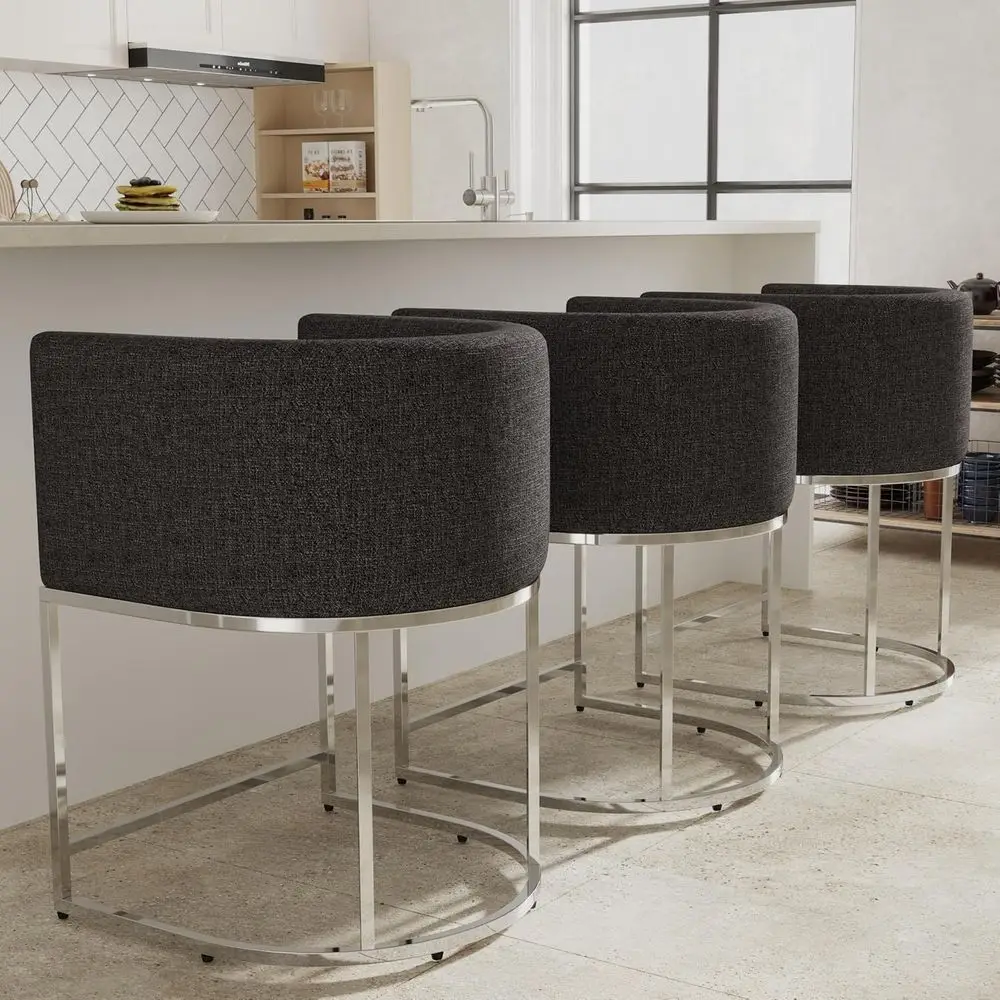 

Set of 3, 24 Linen Bar Stools with Upholstered Seats, Counter Height, Chrome Base