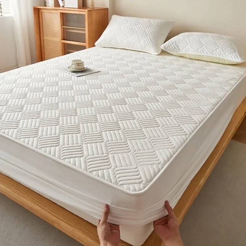 2025 new solid color jacquard washed cotton polished padded fitted sheet  available in all seasons, including pillowcases