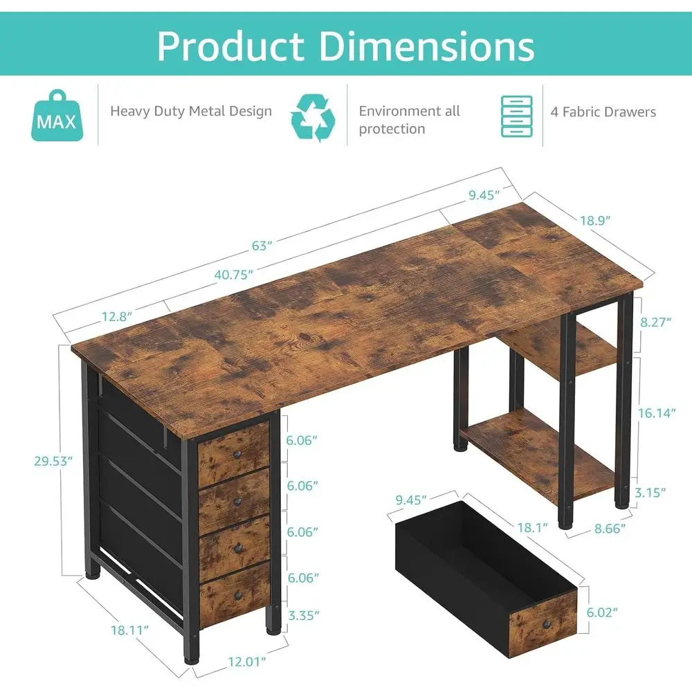 مكتب كمبيوتر بني ريفي حديث مع 4 أدراج قماشية وأرفف تخزين، 63 مكتب دراسة للمكتب المنزلي أو غرفة النوم، مناسب