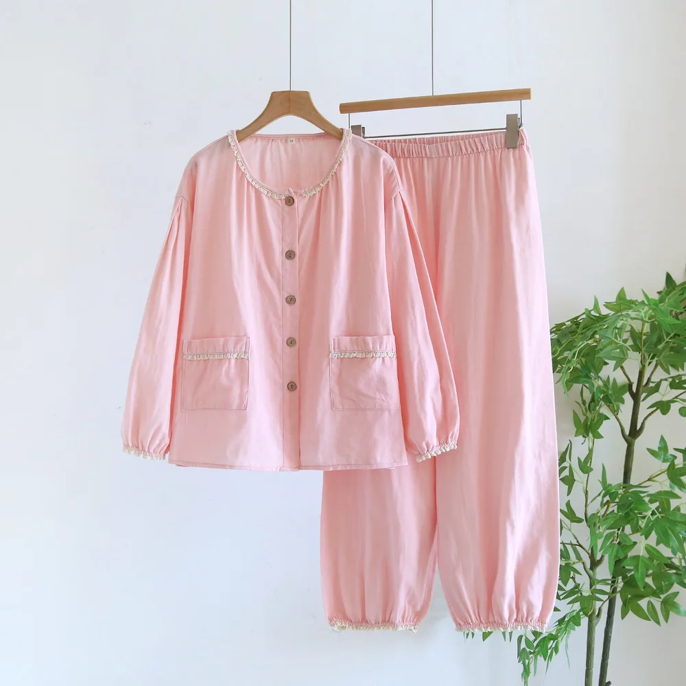 

Wholesale & Retail Asian Minimalist Loungewear: 3/4 Sleeve Gauze Set Women's Solid Japandi Cotton PJ Set