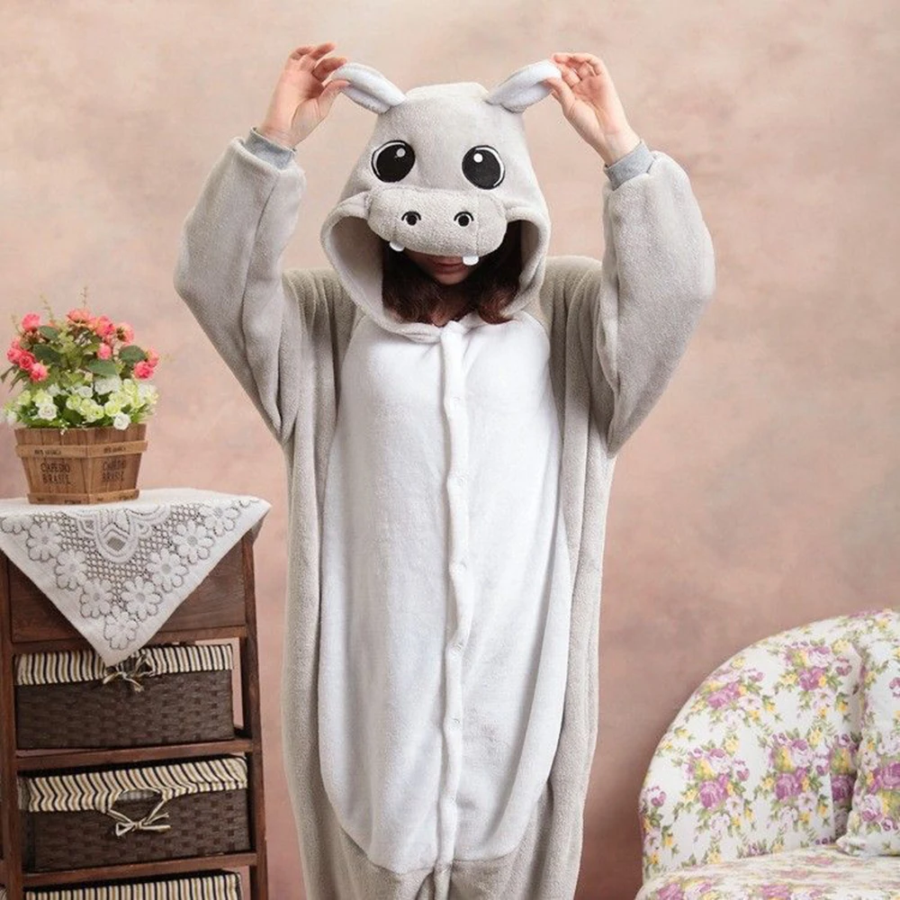 Unisex Kigurumi Cosplay Onesies para adultos, animais, hipopótamo, engraçado, desenhos animados, macacões, quente, flanela, pijamas, 1 peça, inverno