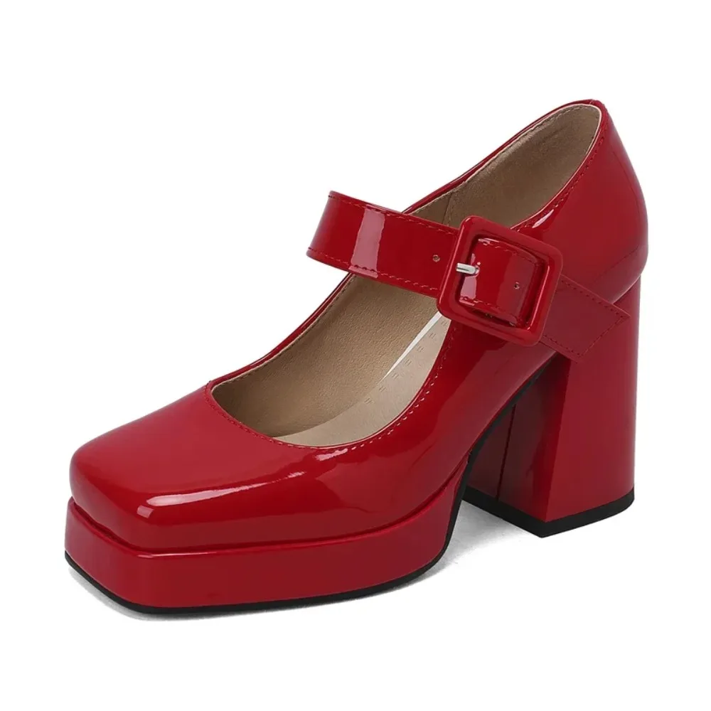 

Orange Glossy Buckle Strap Platform Pumps Women High Thick Heel Red White Patent Leather Dress Office Lady Square Toe Mary Janes