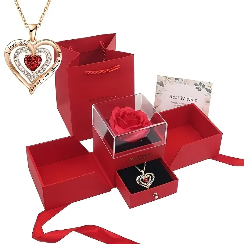 The creative double-door eternal rose jewelry box with a charming heart necklace is the perfect gift, Christmas, Jewelry Boxes