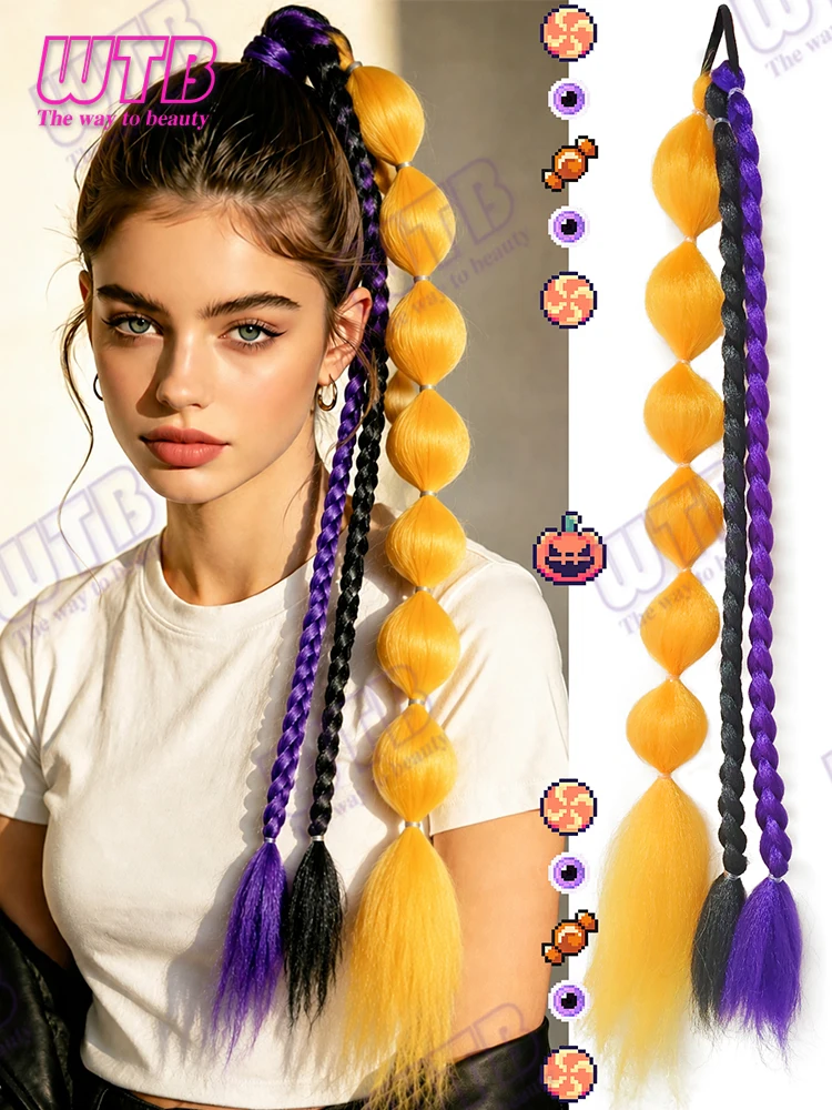 Synthetic Three-Color Bubble Braid Wig Elastic Band Style Loose Braided Ponytail Suitable for Women's Halloween Activities Wear