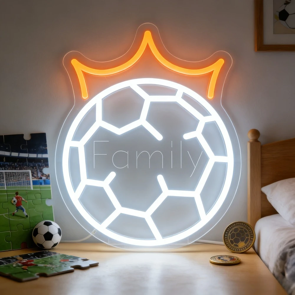 ファミリーフットボールネオンライト、家族で楽しめるネオンサイン、usb電源、調光可能、サッカーの王冠サイン、ゲームルーム、壁、リビングルーム、男の隠れ家に最適