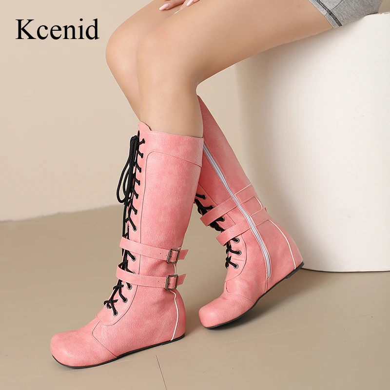 

Kcenid Retro Fashion Belt Buckle Winter Knee High Boots Women Round Toe Height Increasing Motorcycle Long Boots Big Size 34-50