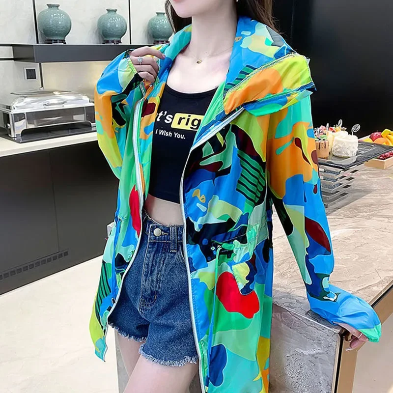 

Summer Fashion Medium Long Female Sun Protection Jacket Wild Loose Printing Color Camouflage Hooded Breathable Women Thin Tops