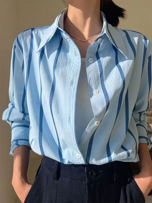 

2024 French Blue Vertical Stripes Long Sleeve Shirts Women's Spring and Autumn New Arrivals Fashion Casual All-match Loose Tops