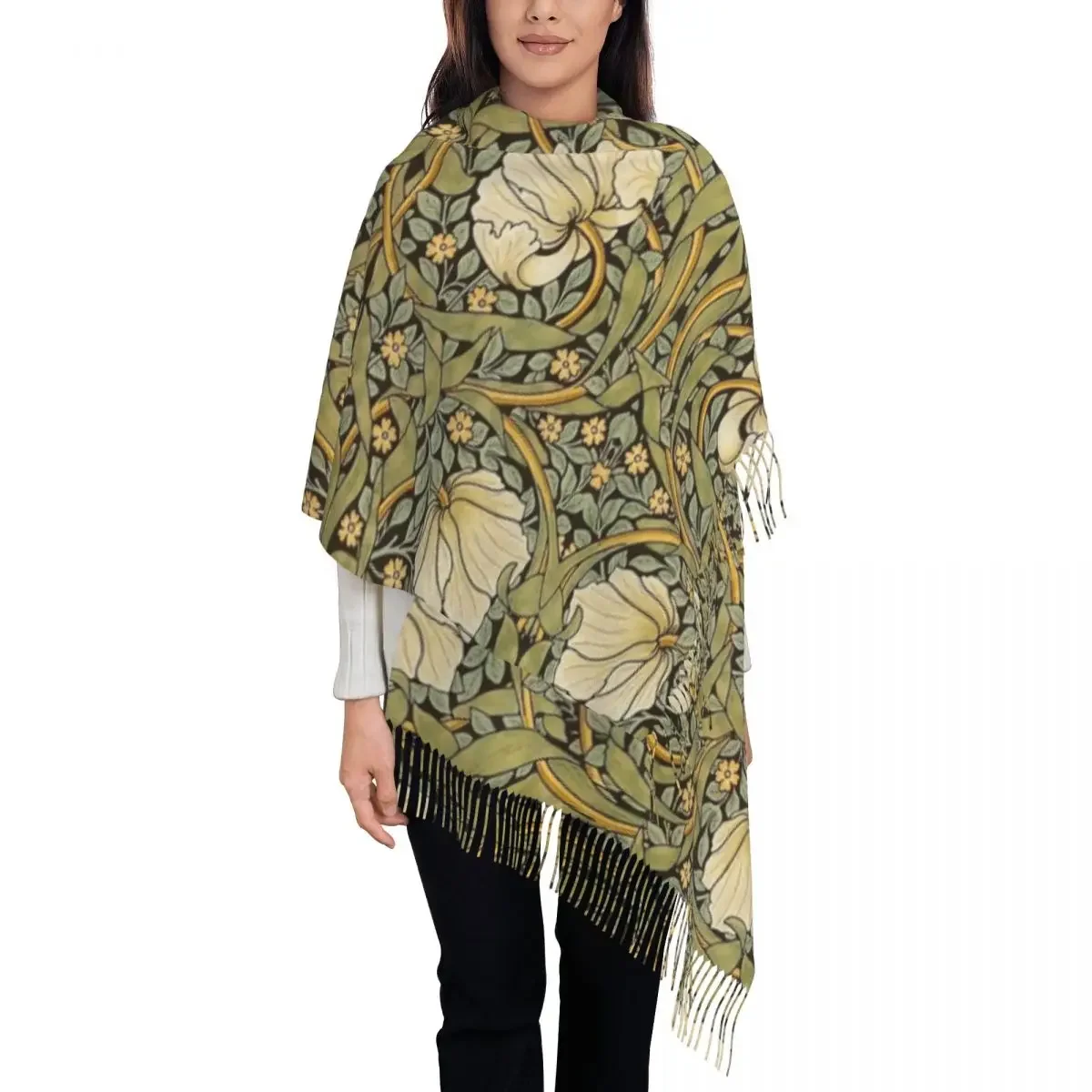 William Morris Pimpernel Tassel Scarf Women Soft Floral Textile Pattern Shawls Wraps Ladies Winter Fall Scarves