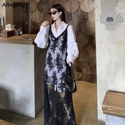 Solid Dresses Women Summer Girls Embroidery Lace Designed Korean Style Layering Streetwear Prevalent Attractive Leisure Trendy