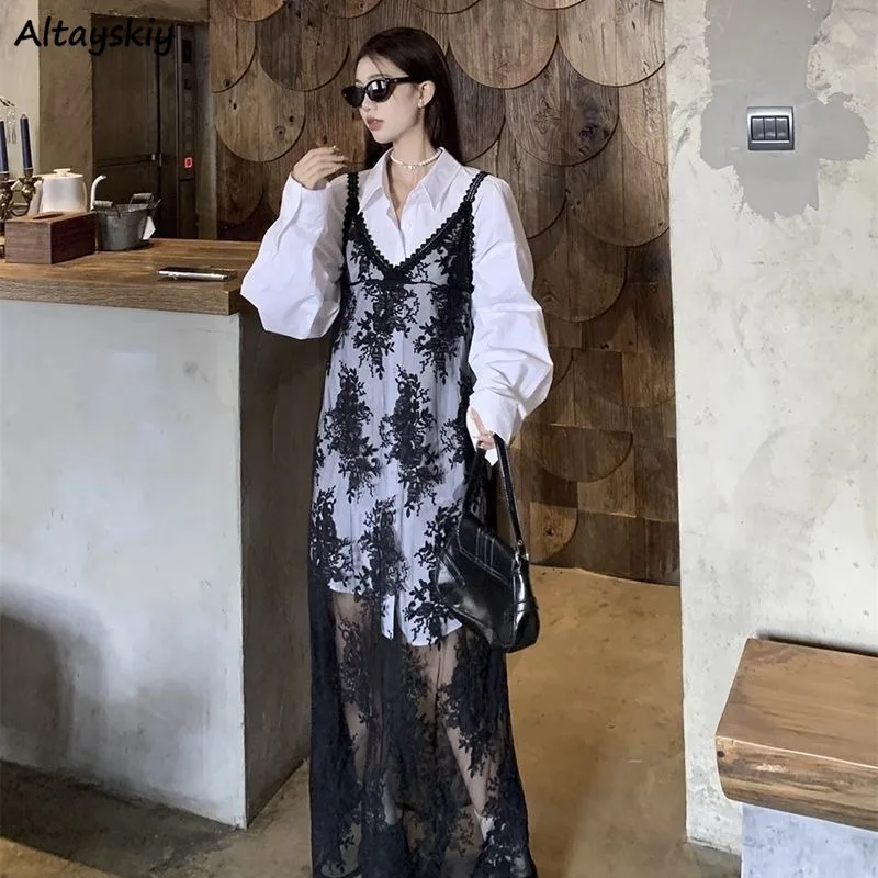 Solidne sukienki damskie letnie dziewczęce haftowane koronkowe zaprojektowane koreańskie stylowe warstwowe Streetwear przeważny atrakcyjny wypoczynek modny