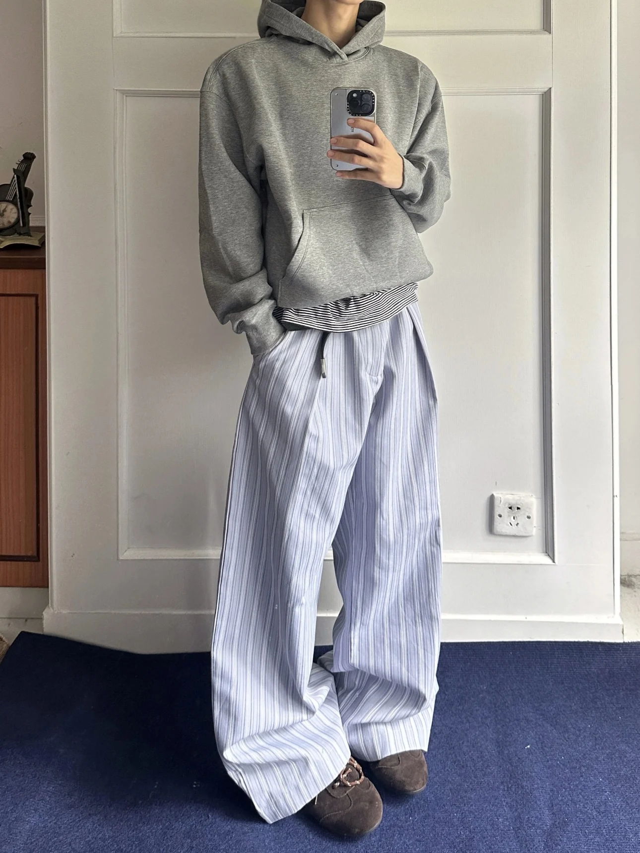 

American Sle Commuter Light Blue Striped Pleated A-Line Wide Leg Pants Men Loose Versatile Daily Casual Cleanfit Trousers