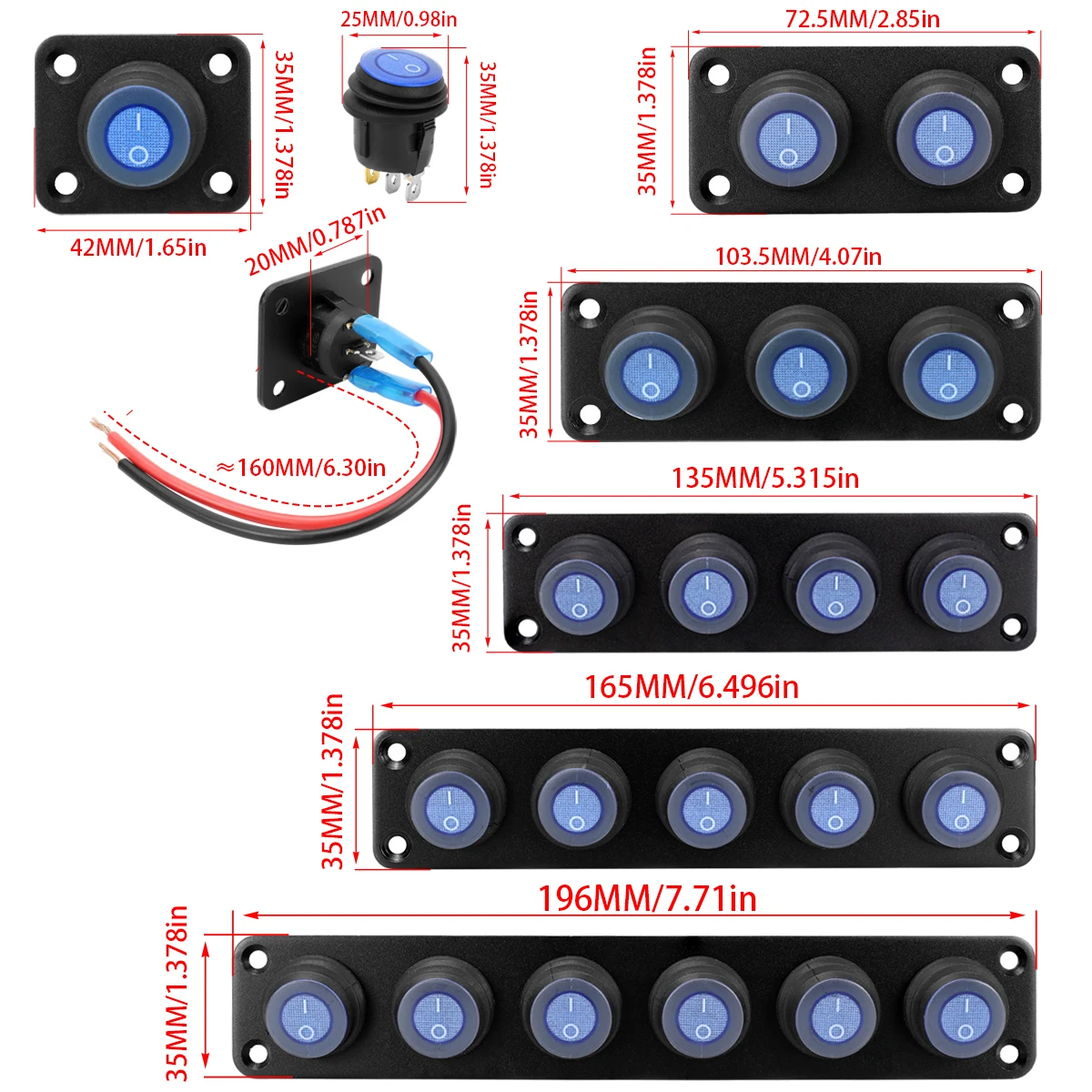 12V/20A 1-6 Channel Waterproof Toggle Switch with Blue/Green LED, Suitable for Automotive Lights, Boats, Campers, Trucks, Etc