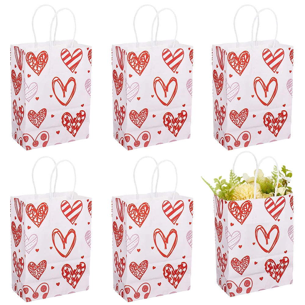 6Pcs Valentine's Day Tote Bags Heart Gift Wrap Bag Pink Rectangle Paper Packaging Pouches Daily Shopping Pouch with Handle