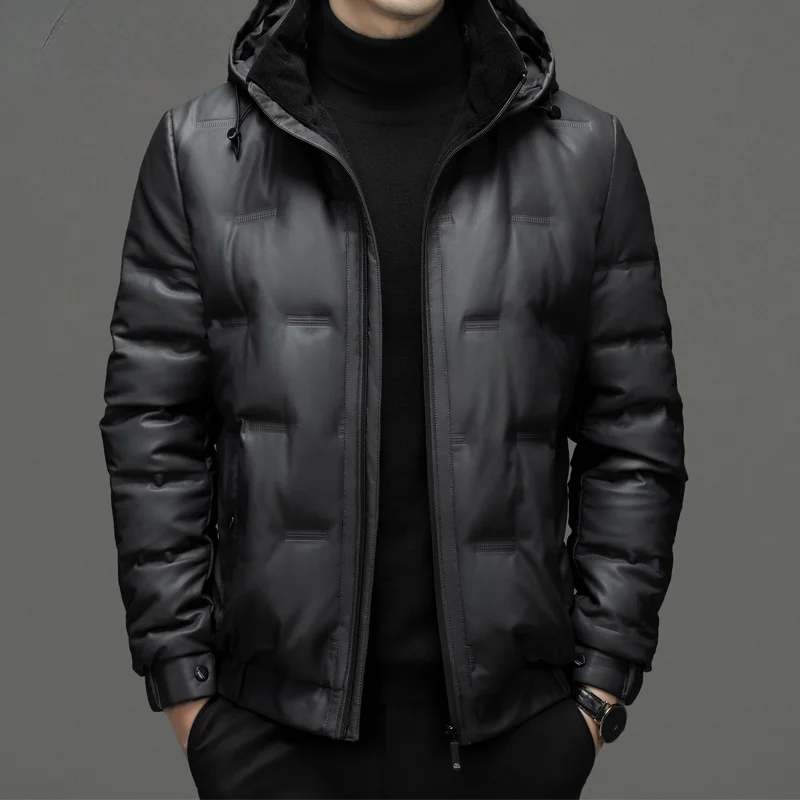 

Genuine Leather Jacket Men 90% White Duck Down Coats Warm Winter Coat for Man Clothes 7XL Fashion Male Jackets Hooded