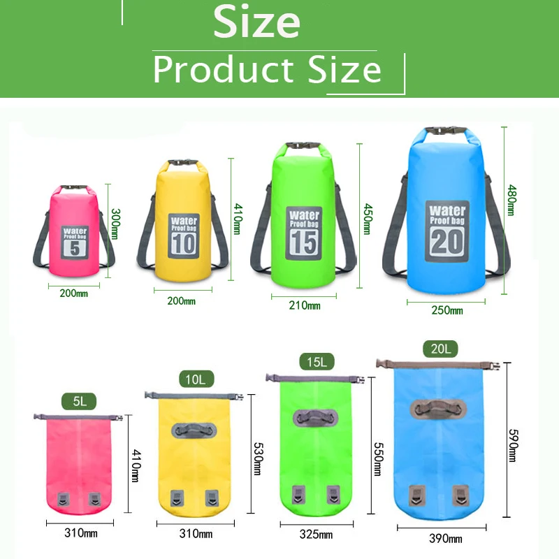 PVC Waterproof Backpack Kayak Pouch Outdoor Trekking Shoulder Dry Bag Travel Diving Boat Ocean Pack River Bag 5L 10L 15L 20L 30L
