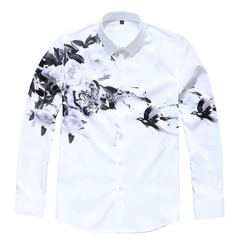 Summer White Men\'s Shirts, Lapel Button-up Shirts, Youth Trend Bird Digital Printing Free Ironing Long-sleeved White Shirts