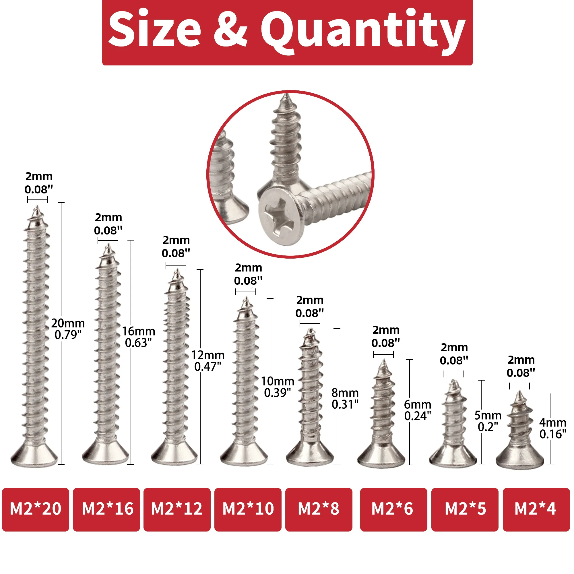 AIMUNOK 500/800/1070 Stück M2 ultradünne Kreuz-Flachkopf-selbstschneidende Schrauben für Möbel, Heimwerken und Reparaturen!