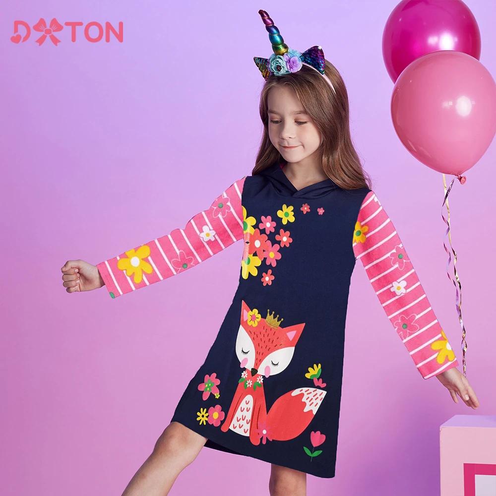 

DXTON Winter Hooded Girls Dress Cotton Toddler Hoodies Outfits Squirrel Floral Children Dress Stripe Kids Hooded Cartoon Clothes