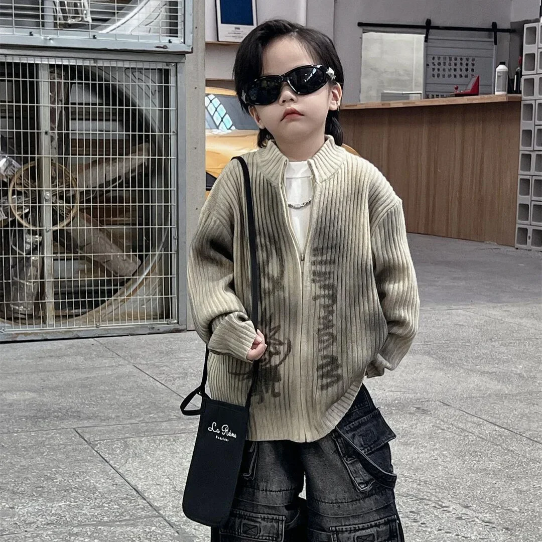 

Fall 2024 children's sweater new boy's knitted cardigan baby coat zipper middle child 90-150cm