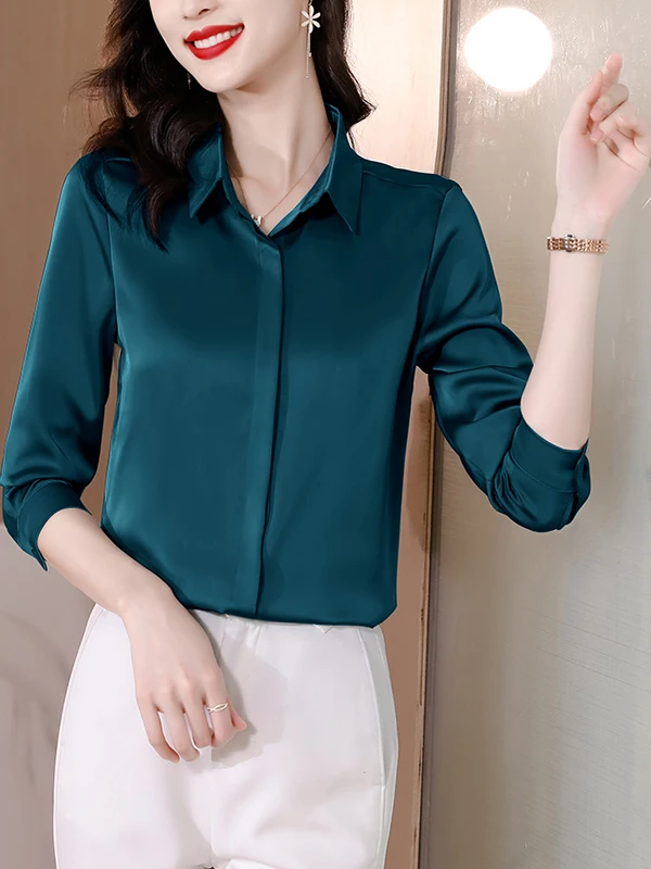 Ele Slimming Long Sve Silk irt Simple Pure Color Outlet Store Women's Faionable Busin Casual  Ne Button up