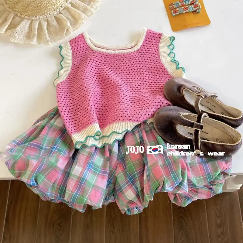 

Girls Set 2023 Korean Styles Summer Fashion Baby Knitted Vest Plaid Shorts Casual Simple Sweet Two Piece Set for Girls