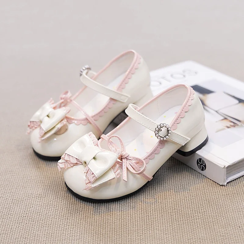 أحذية جلدية جديدة بكعب عالٍ للفتيات، أحذية الأميرة الأنيقة مع عقدة مزدوجة للأطفال، أحذية الأميرة لحفلات الزفاف بكعب عالٍ