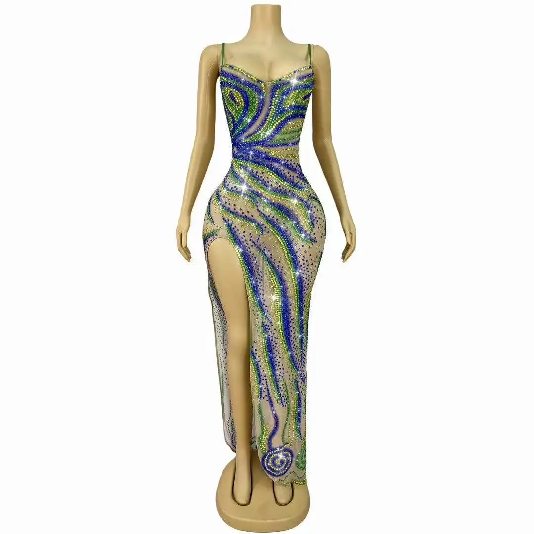 

Luxurious Rhinestones Strip Split Skirt for Women Sexy Mesh Transparent Celebrate Evening Prom Birthday Dress Photo Shoot Wear