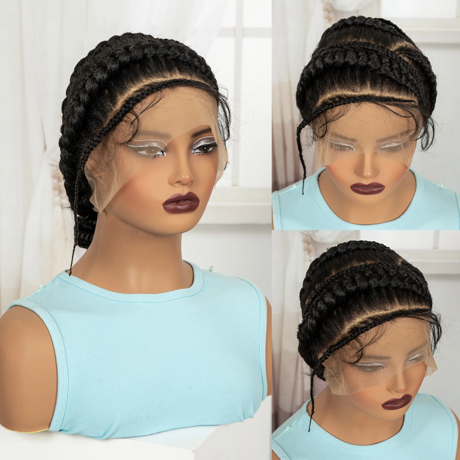 Full Lace Cornrow Braided Wigs Synthetic Handmade Bantu Braided Lace Wigs Natural Box Braids Wigs with Baby Hair for Black Women