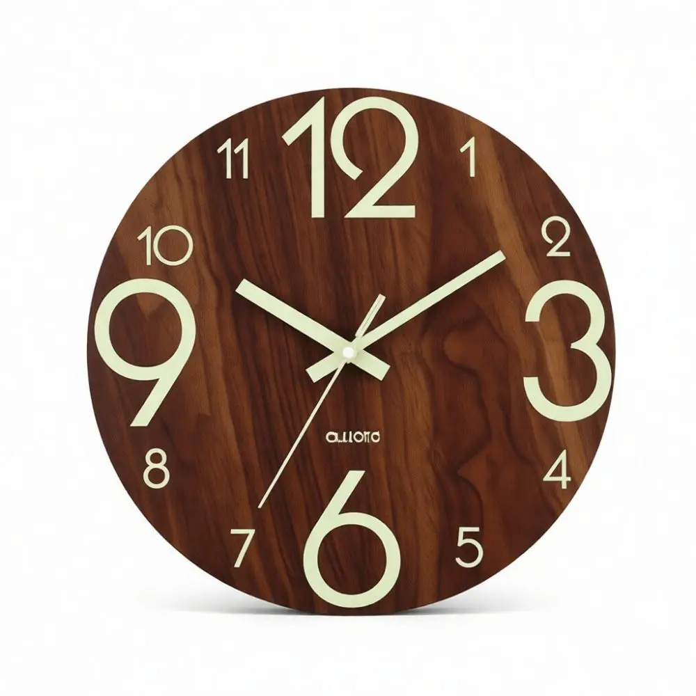12 Inch Silent Glow Wall Clock Wooden Decorative Analog Timepiece Night Vision Fluorescent Display Modern Home Decoration
