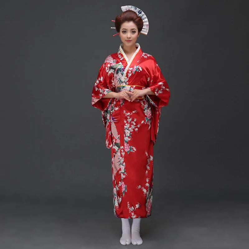 Red Vintage Japanese Ladies Kimono Bath Gown Women\'s Faux Silk Yukata With Obi Performance Dance Dress Cosplay Clothing H0029