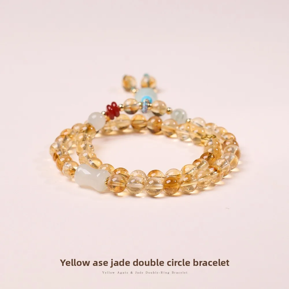 Traditional Chinese Style 6mm Natural Citrine Double Layer Bracelet Tianshan Jade Jadeite Gourd Pendant Good Luck Blessing Jewel